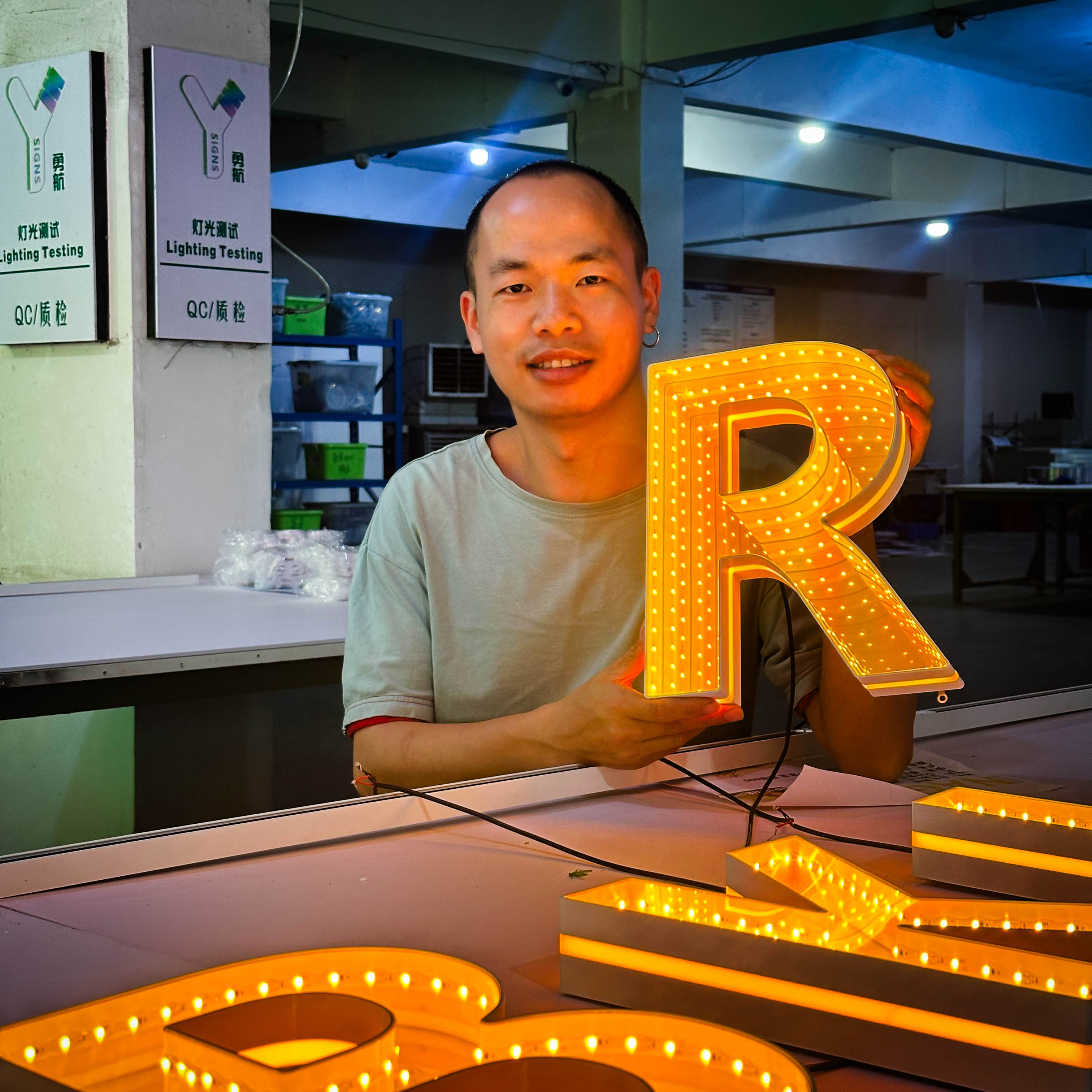 Colorful illuminated open signs in showroom